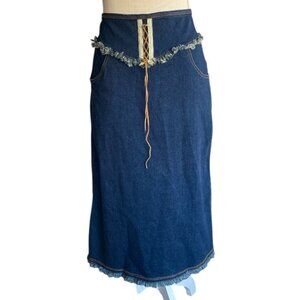 Y2K lei Denim Stretch Midi Fringe Western Skirt S 8​​​​​​